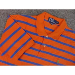 Polo Ralph Lauren Polo Shirt Mens Large Orange Blue Striped Short Sleeve Cotton